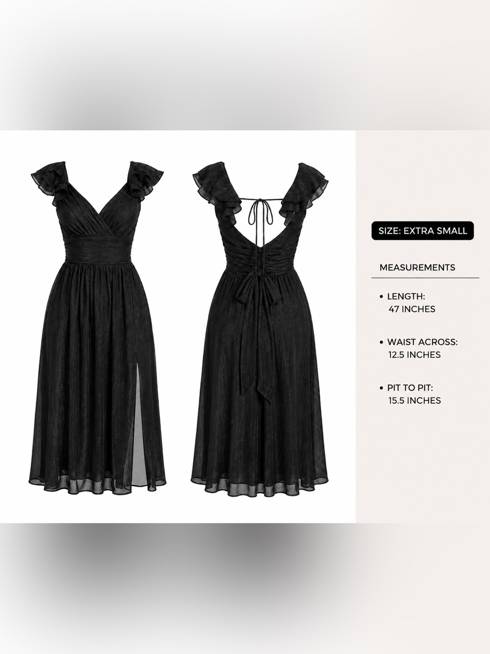 Francesca’s Black Ruffle Flutter Sleeve Tie-Back Ruched Chiffon Midi Dress - Picture 4 of 8